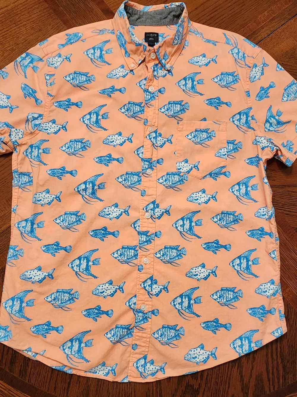 J.CREW Fisherman Orange Blue Fish Print Button-Down Short Sleeve Shirt Size L
